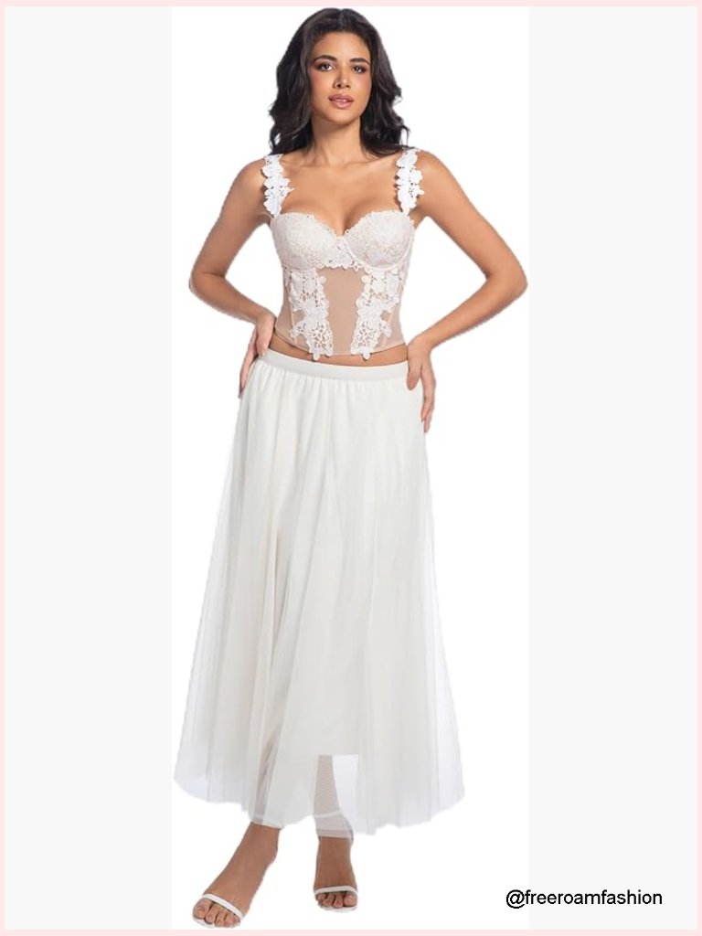Sheer Mesh Corset Top With 3d Floral Appliqu Boned Bustier